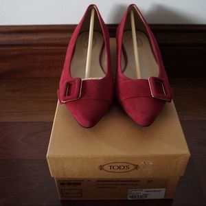 Tod's Red Pointed Toe Buckle Ballet Flats